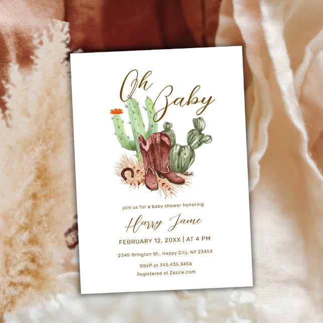 Convite Calçado de cowboy moderno Boho Cactus (Modern Boho Cactus Cowboy Shoes Baby Shower Invitation)