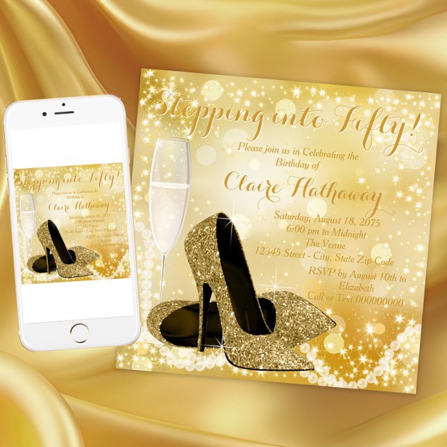 Convite Calçado Dourado qualquer número entrando na Festa  (Elegant gold any occasion invitation. Instant download and printed invitations available.)