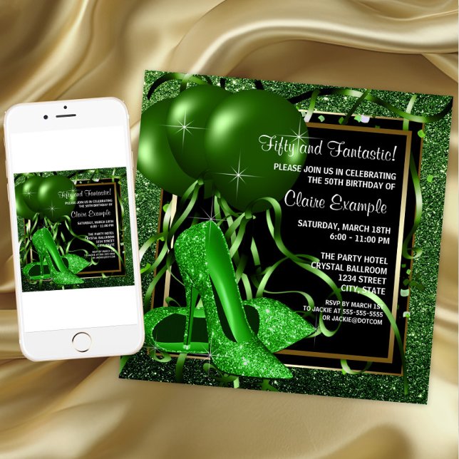 Convite Calçado Emerald Green High Heel Festa de aniversár (Emerald green and gold any occasion invitation. Instant download and printed invitations available.)
