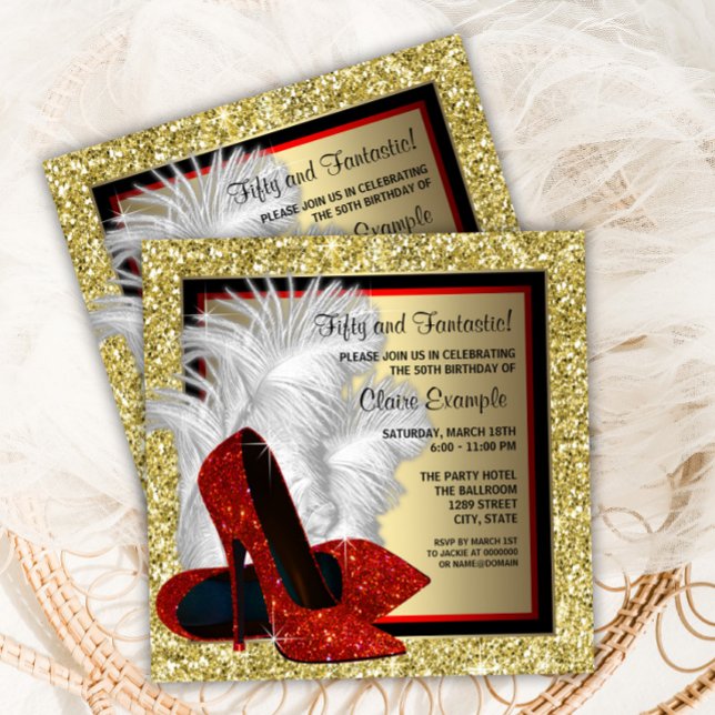 Convite Calçado Red High Heat Qualquer Festa de aniversári (Elegant red, black and gold high heel shoe any event invitation. All text can be changed.)