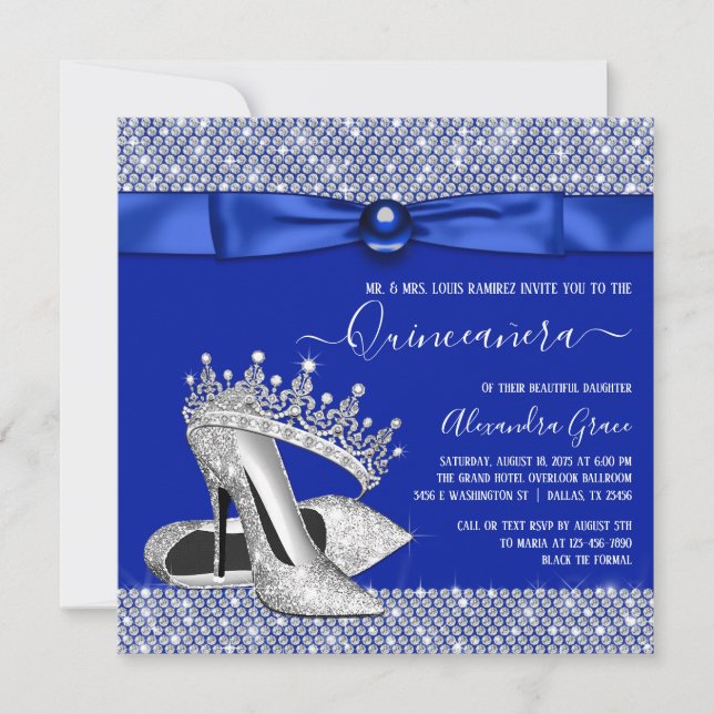 Convite Calçado Royal Blue Quinceanera Diamond Tiara (Frente)