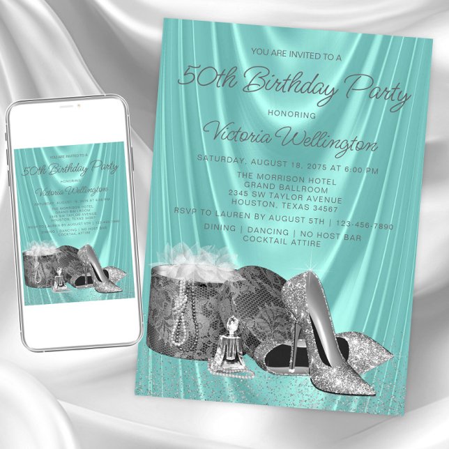Convite Calçado Teal Blue Silver Qualquer Número Aniversár (Womans teal silver any birthday invitation. Instant download and printed invitations available.)
