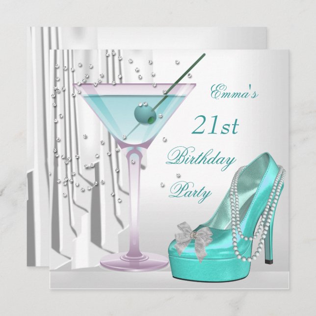 Convite Calçado Teal Branco Martini Pearl do Partido anive (Frente/Verso)