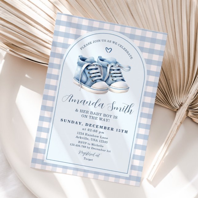 Convite Calçados Azuis Menino Booties Xadrez Chá de fralda (Criador carregado)