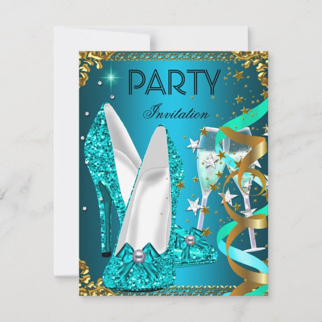 Convite Calçados Azul Dourados festas de aniversário (Frente)