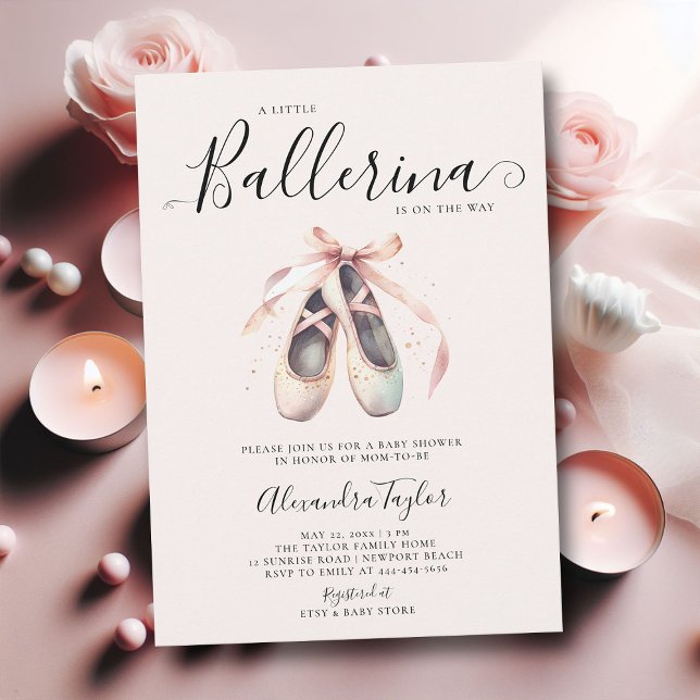 Convite Calçados Ballerina Arco Rosa Chá Dourado Baby Girl (little ballerina baby girl shower invitation pink gold ballet shoes watercolor cute adorable)