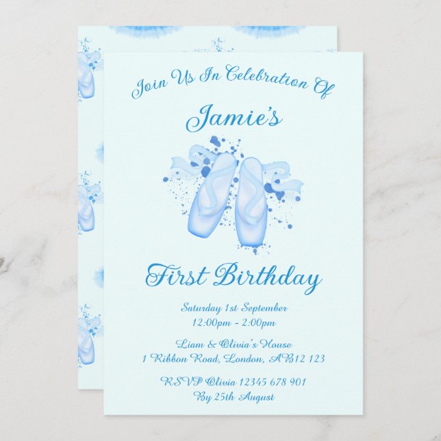 Convite Calçados de ponteiro de aniversário de Balé azul (Frente/Verso)