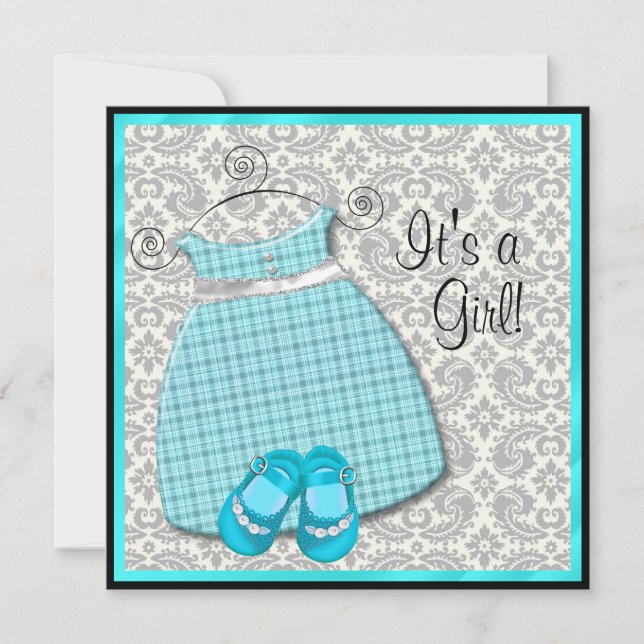 Convite Calçados de vestir azul Teal Damask Baby Girl Chá (Frente)