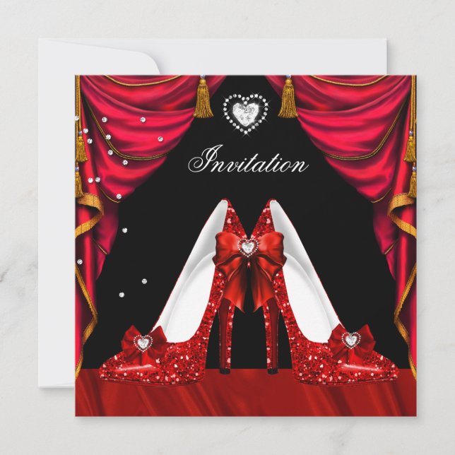 Convite Calçados Dourados vermelhos festas de aniversário (Frente)