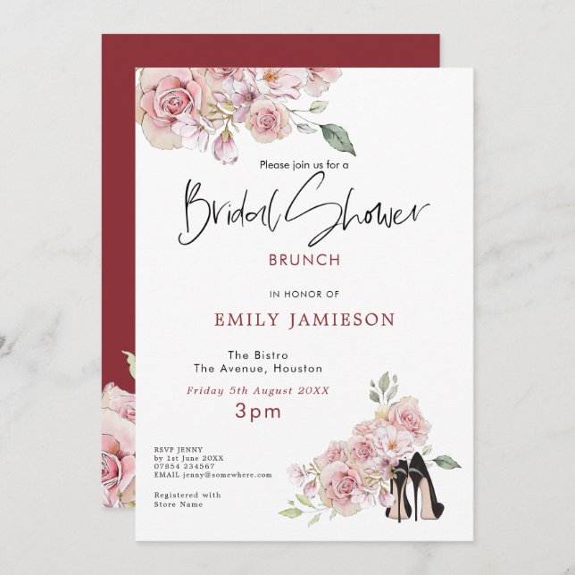 Convite Calçados Stilletto de Flores Rosa Summery Chá de p (Frente/Verso)