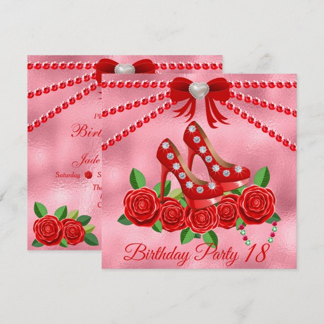 Convite Calçados Vermelhos, Joias E Flores Rosa 18.º Anive (Frente/Verso)