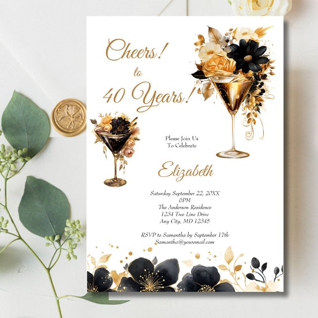 Convite Calças Douradas pretas Bebe aniversário de 40 anos (Black Gold Cocktail Flowers Watercolor 40th Birthday invitation)