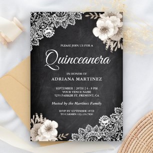 Convite Calcboard Rústico Lace Ivory Floral Quinceanera