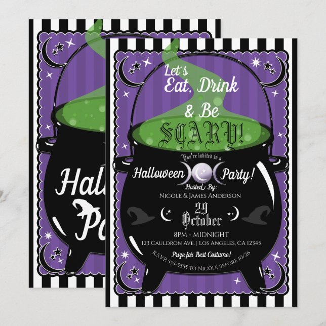 Convite Caldeirão Borbulhante Festa de Halloween da Bruxa  (Frente/Verso)