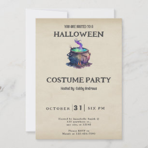 Convite Caldeirão de Bruxas Verde e Roxo Vintage Halloween