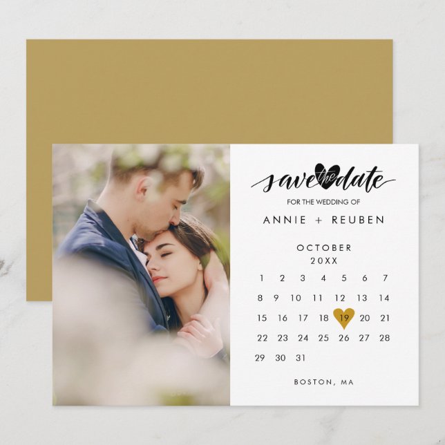 Convite Calendário Chic Gold Save the Date Coração Amor Fo (Frente/Verso)