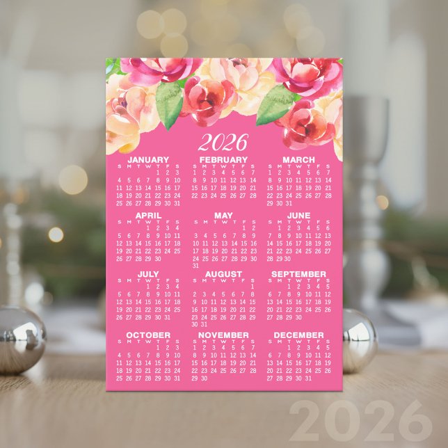 Convite Calendário com Flores de Aquarela Pintadas (2026 Calendar Card)