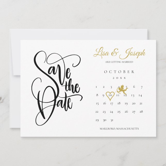 Convite Calendário Cupido de Ouro Amor Coração Salve a Dat (Frente)