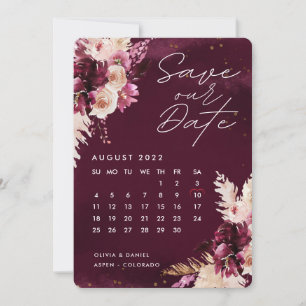 Convite Calendário das Flores do Boho Burgundy Salvar a D
