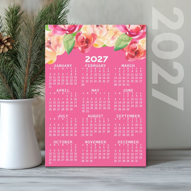 Convite Calendário de 2027 com Flores de Aquarela Pintadas (2027 Calendar Holiday Card)