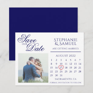 Convite Calendário de Casamento Azul Marinho Foto Save the