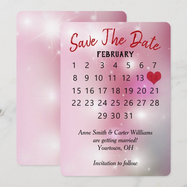 Convite Calendário de Casamento Salve a Data em Bokeh Rosa (Frente/Verso)