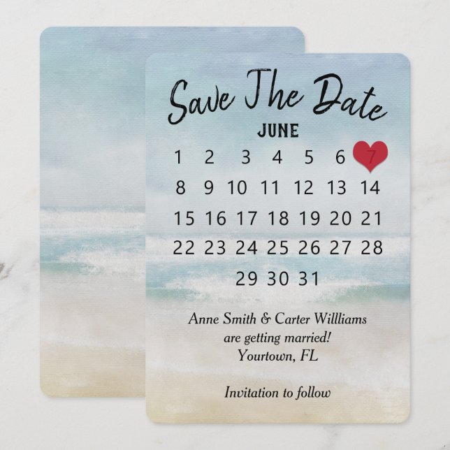 Convite Calendário de Casamento Salve a Data Praia do Ocea (Frente/Verso)