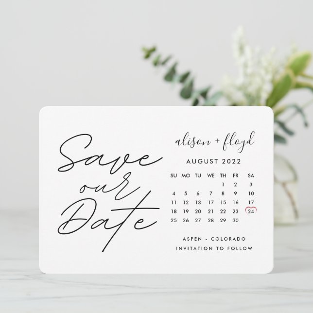 Convite Calendário de Data de Salvamento de Script Branco  (Em pé/Frente)