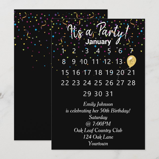 Convite Calendário de festa de aniversário com Confetti (Frente/Verso)