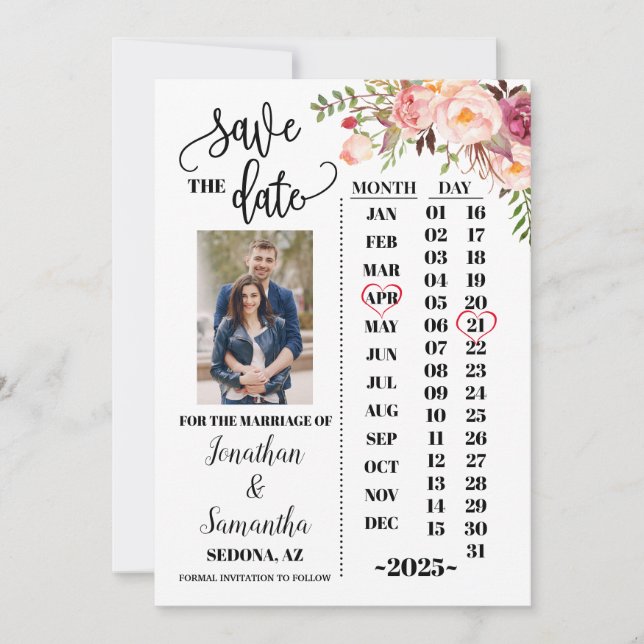 Convite Calendário de fotos salvar a data Casamento floral (Frente)
