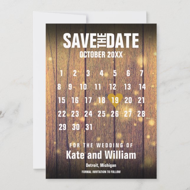 Convite Calendário de Madeira Rústica Salvar a Data (Frente)