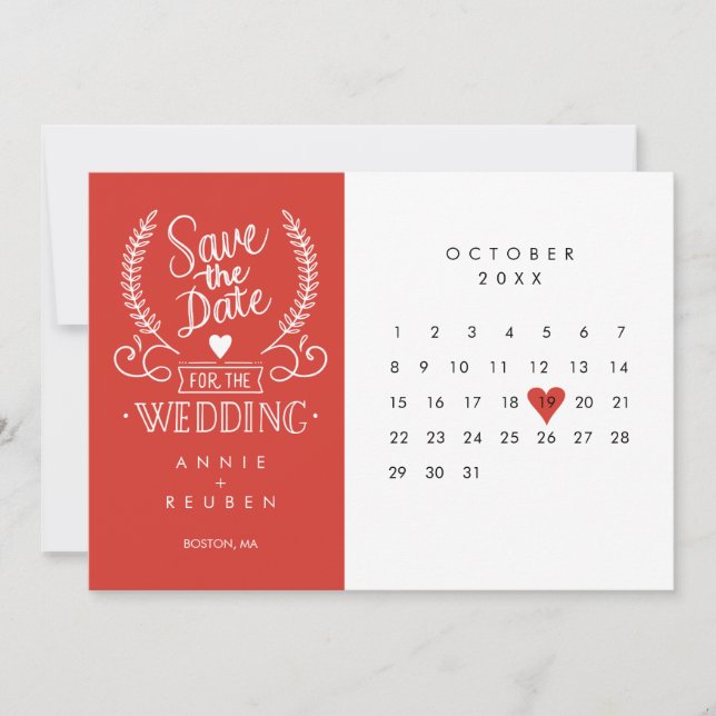 Convite Calendário de Salve a Data Coração de Amor Vermelh (Frente)
