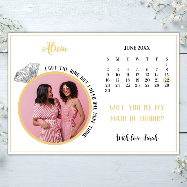 Convite Calendário de Toque de Fotografias de Proposta de  (elegant bridesmaid proposal card template photo calendar i got the ring but need one more thiing)