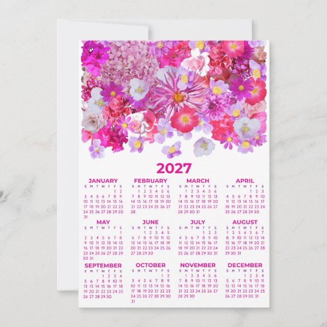 Convite Calendário do Ano Inteiro 2027 com Flores Rosas (Frente)