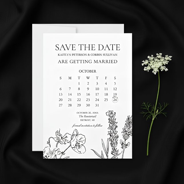 Convite Calendário Elegante De Flor Selvagem Salvar A Data (Wild Flower Calendar Save The Date Card | Wedding Save The Date)