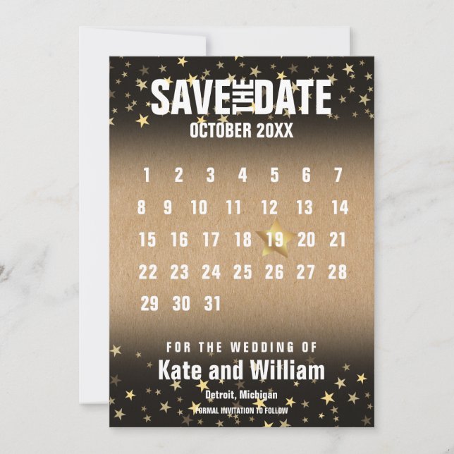 Convite Calendário Estrelas Douradas Rústicas Salve a Data (Frente)