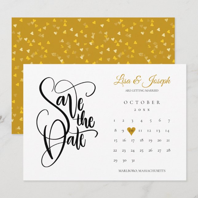 Convite Calendário Moderno de Salvar a Data Dourado Coraçã (Frente/Verso)