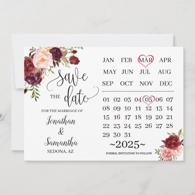 Convite calendário para salvar a data do casamento de mars (Frente)