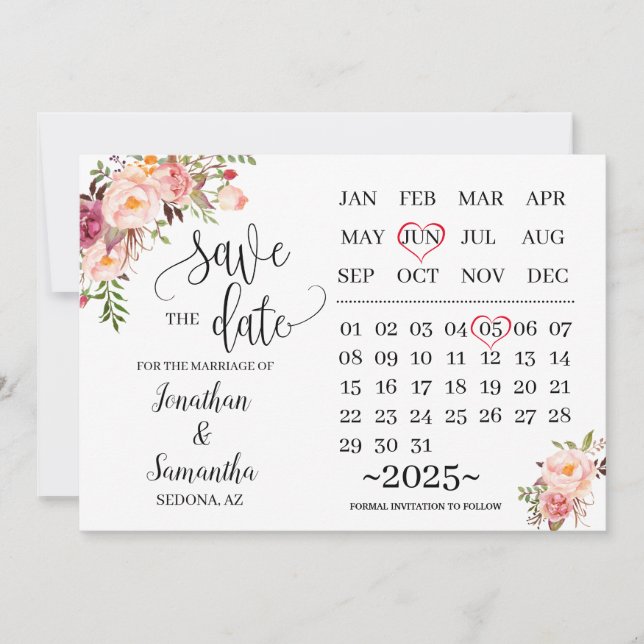 Convite calendário salvar a data Dia do casamento floral c (Frente)
