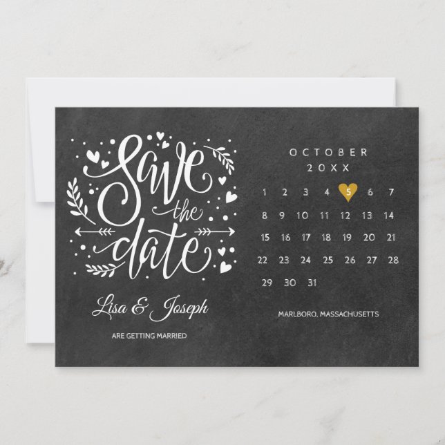 Convite Calendário Salve a Data Coração Dourado Lousa (Frente)