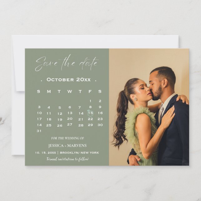Convite Calendário verde sage moderno foto salvar a data (Frente)