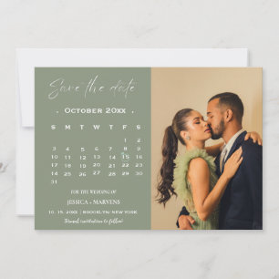 Convite Calendário verde sage moderno foto salvar a data