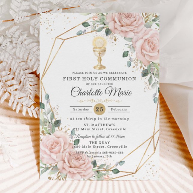 Convite Cálice de Ouro da Primeira Comunhão Floral Blush (Criador carregado)
