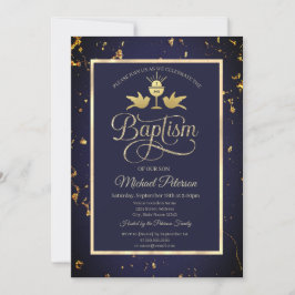 Convite Cálice Dourado Elegante Batismo Azul-Marinho