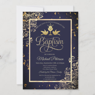 Convite Cálice Dourado Elegante Renda Azul Marinho Batismo