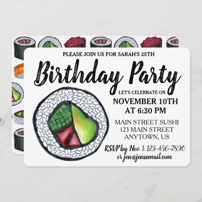 Convite California Roll Japonês Comida Sushi Festa de aniv (Frente/Verso)