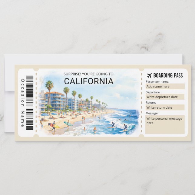 Convite California Trip Boarding Pass Ticket (Frente)
