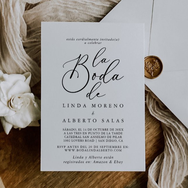Convite Caligrafia Black and White La Boda de Wedding (Criador carregado)