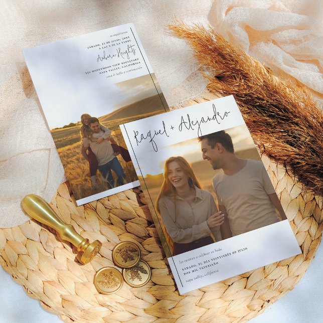 Convite Caligrafía Boho Invitación de Boda con 2 Fotos (Criador carregado)