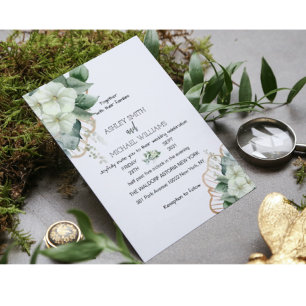 Convite Caligrafia Botânica Verde Russo Dourado Floral